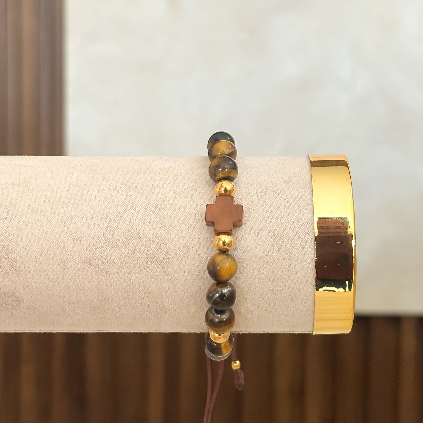 Pulsera Ojo de Tigre Con Cruz