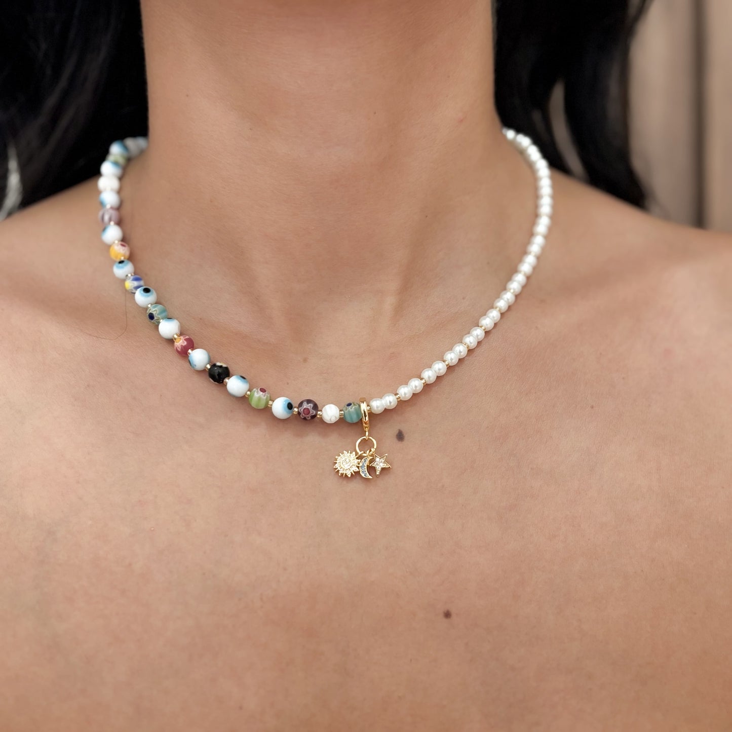 Choker Ojo Turcos y Mitad Perlas