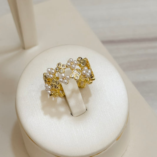 Anillo Dos Carriles Flor Combinada