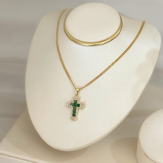 Cadena Cruz Cristal Verde
