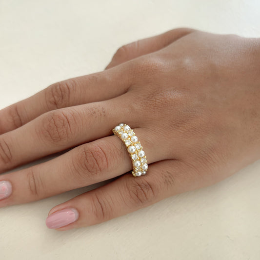 Anillo Doble Carril Perla y Circon