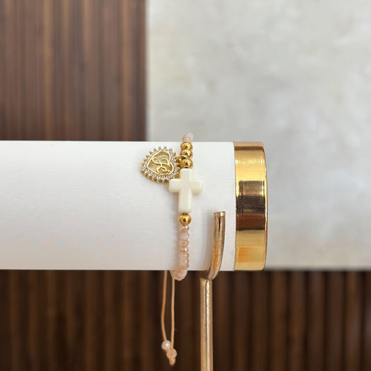 Pulsera Corazon Fe Colgante Con Cruz