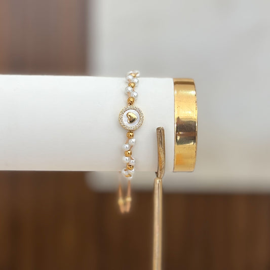 Pulsera Corazon Fondo Nacar Tejido Con Perla